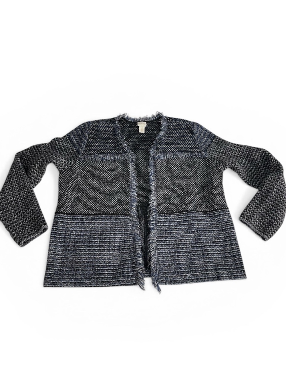 Chicos Boucle Tweed Fringe Blazer Jacket Womens Size 3 XL 16 Blue Open Front